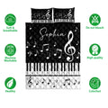 Piano quilt bedding set shown front-facing with keyboard artwork, musical notes, and black and white design