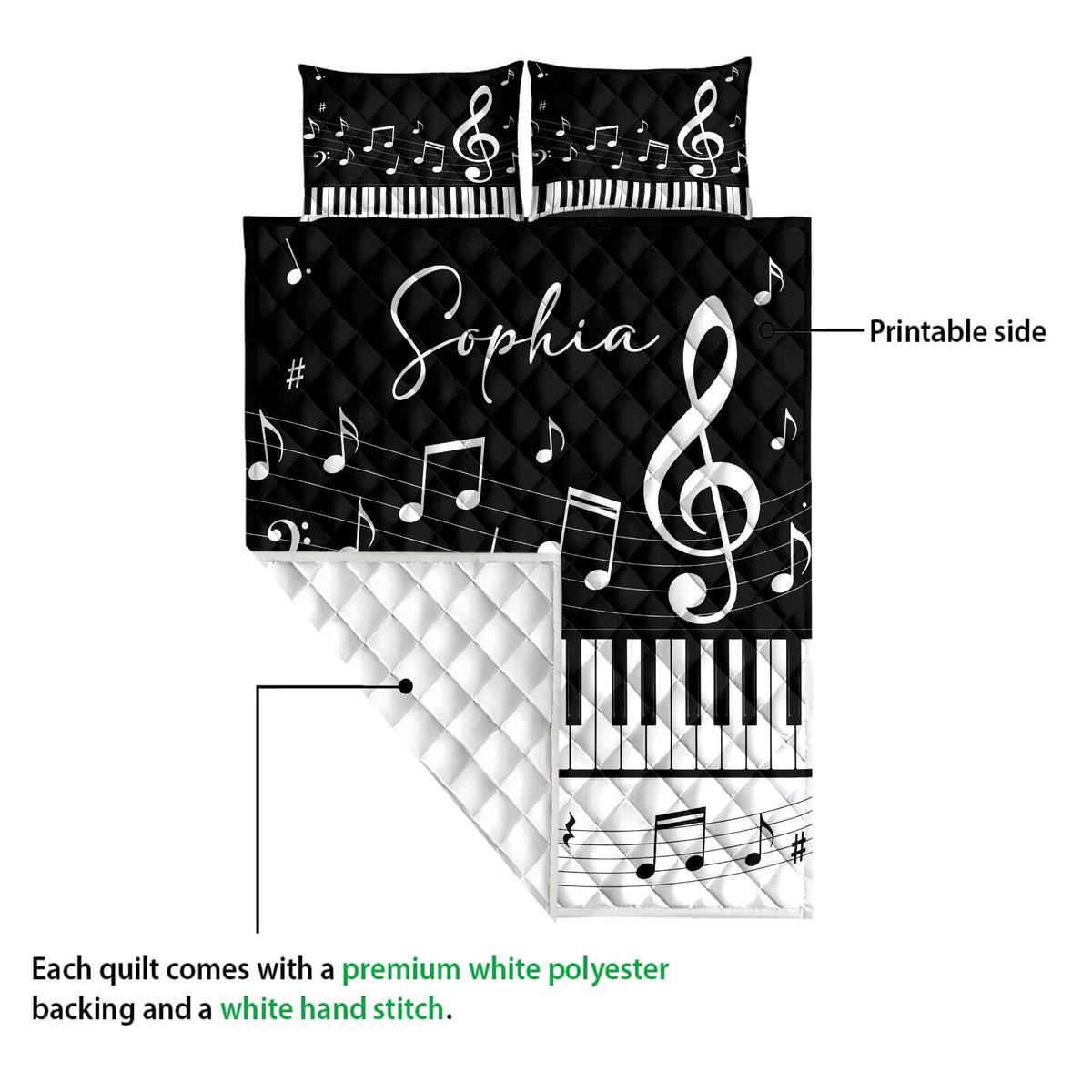 Piano quilt blanket detail showing the printed musical design, quilted texture, keyboard keys, and white backing