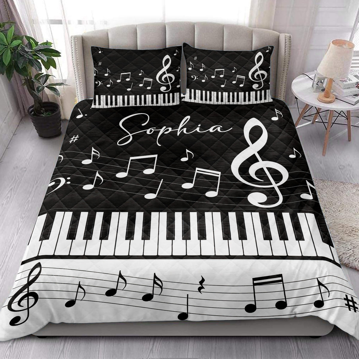 Piano music quilt styled in a bright bedroom with keyboard keys, musical notes, and treble clef artwork