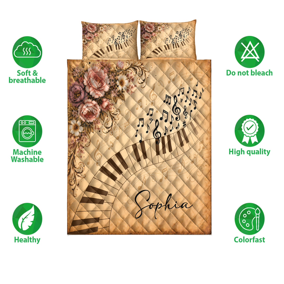 Piano quilt bedding set shown with musical artwork, floral accents, and product feature icons