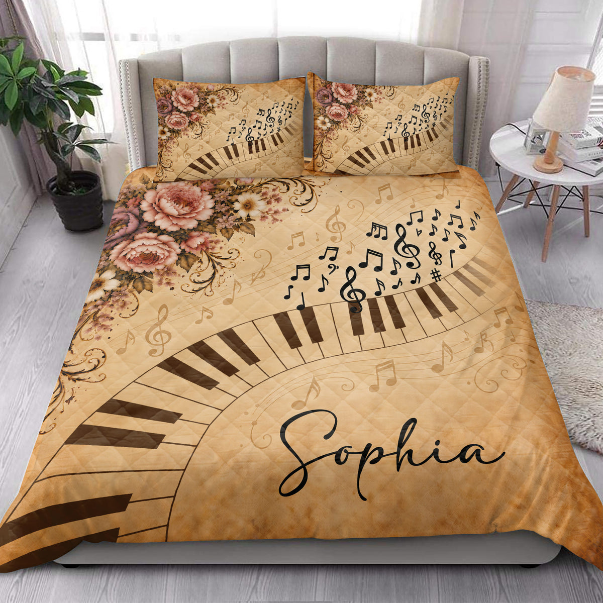 Piano quilt bedding styled in a bright bedroom with floral accents, musical notes, and piano key artwork