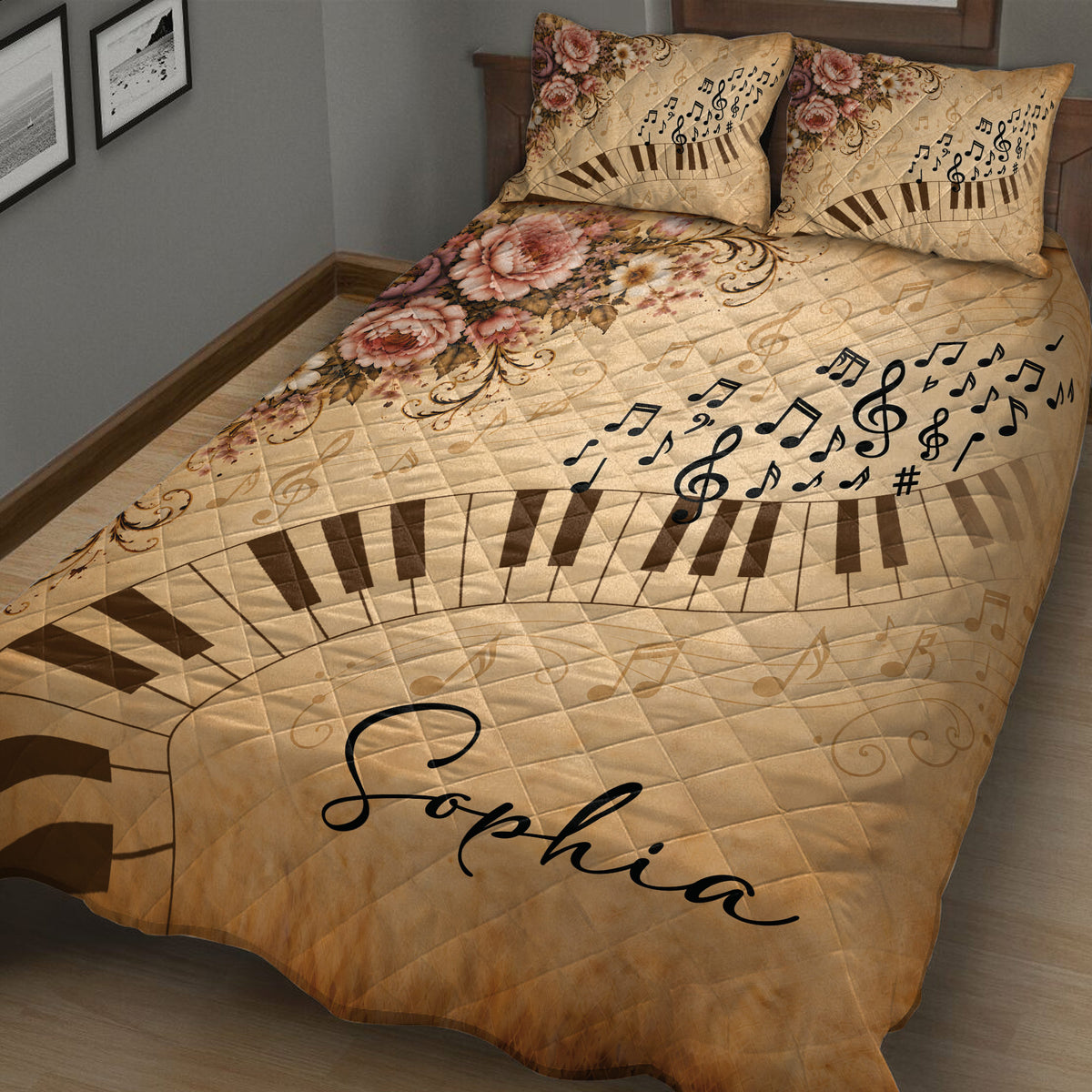 Close bedroom view of a piano quilt blanket featuring piano keys, musical notes, treble clefs, and flowers