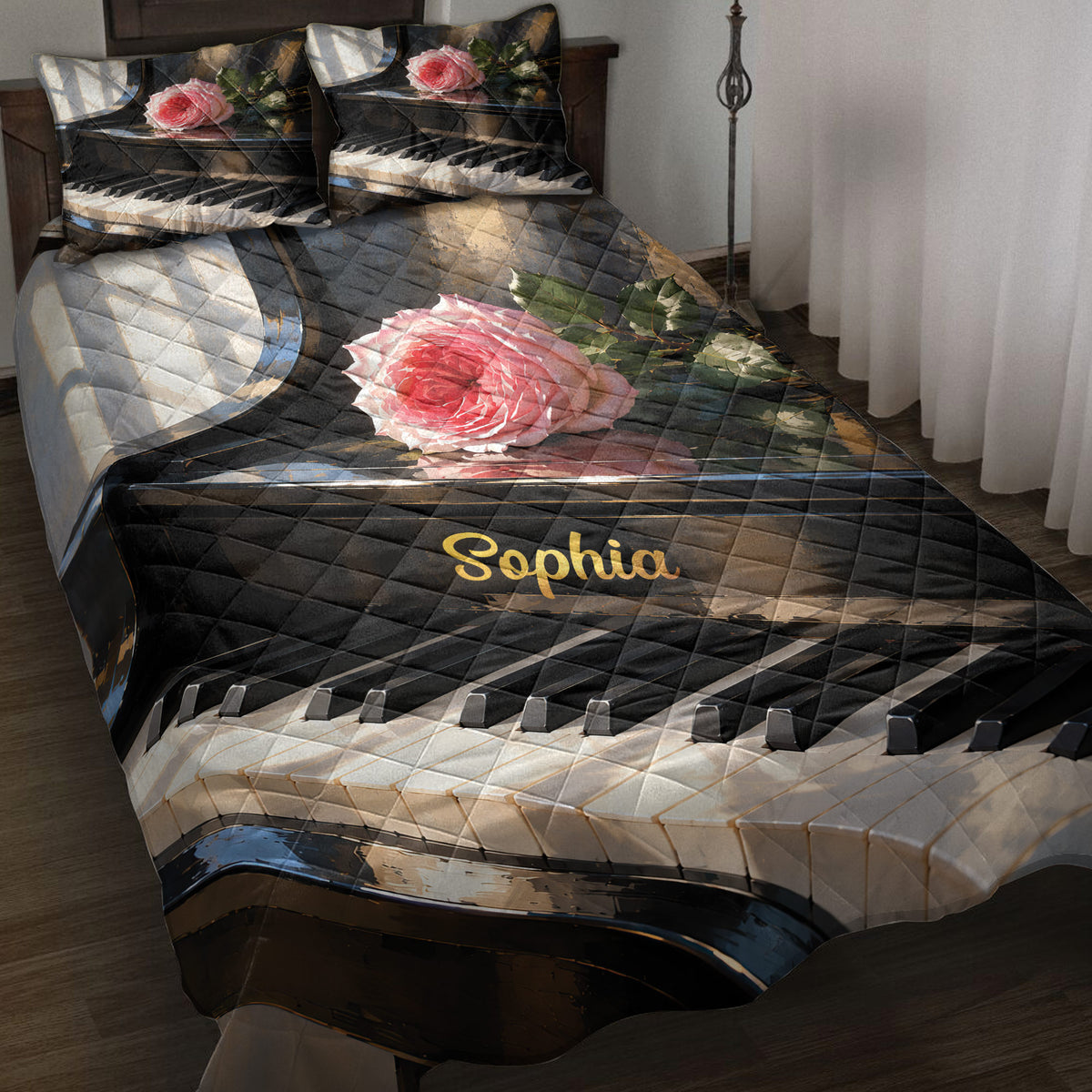 Piano quilt blanket displayed on a bed with rose artwork, black and white keys, and dark elegant styling