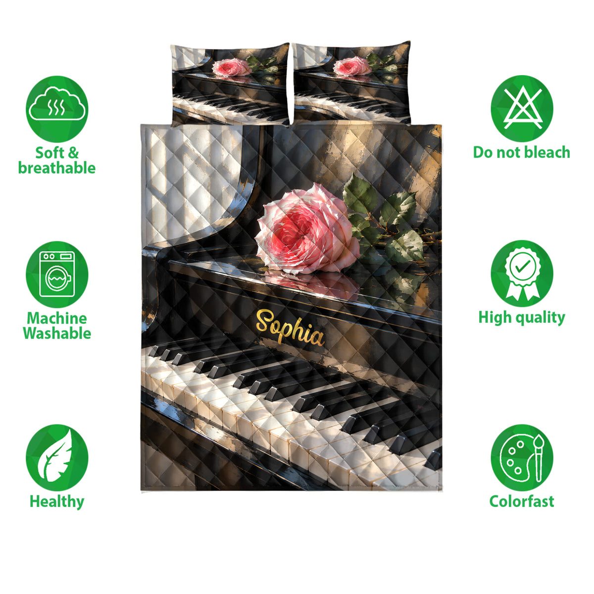 Piano quilt bedding set with rose and keyboard artwork shown alongside product feature icons