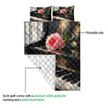 Piano quilt bedding set showing the printed side and white quilted reverse backing