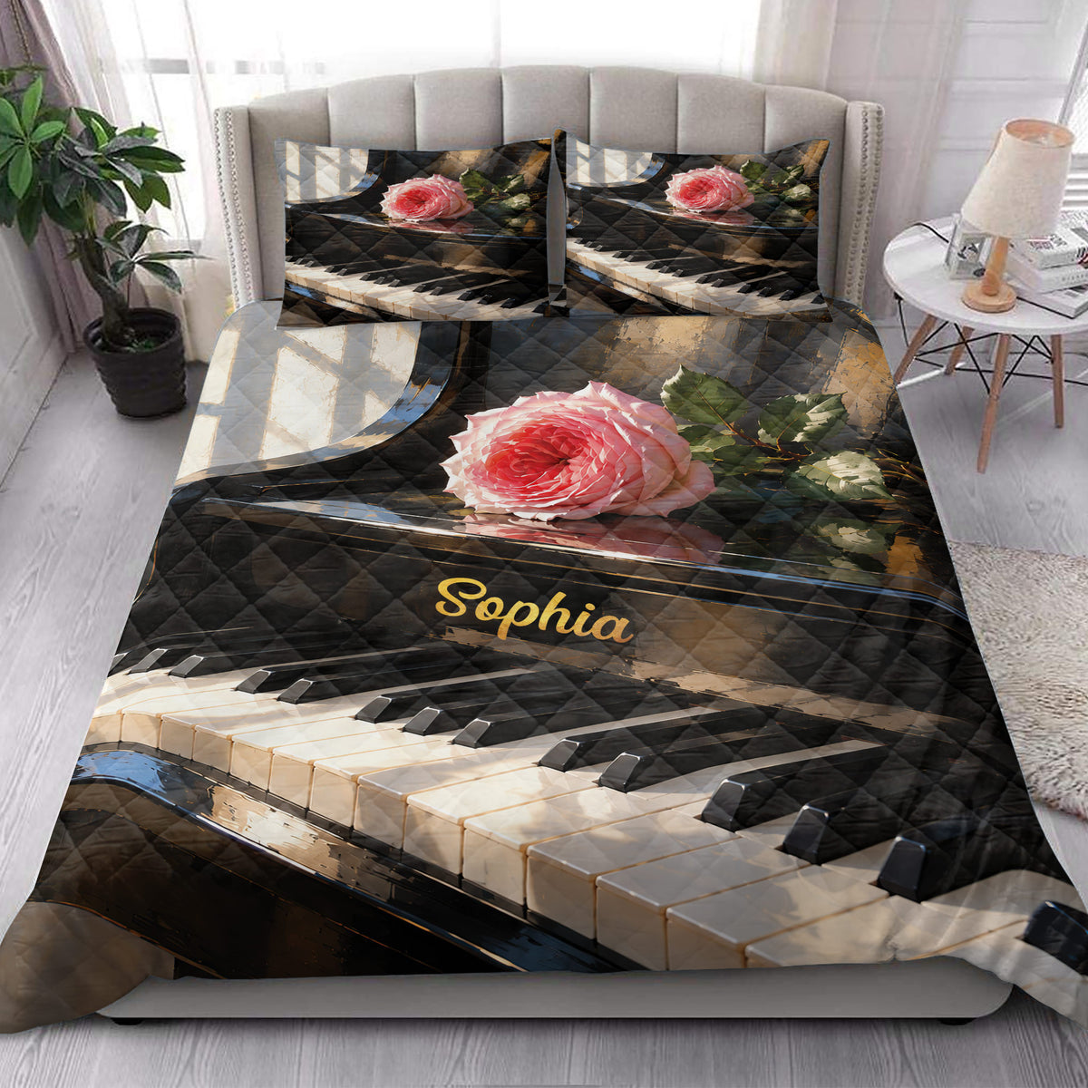 Piano quilt blanket styled in a bright bedroom with matching keyboard and rose artwork