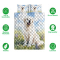 Great Pyrenees quilt bedding set shown with dog artwork, blue diamond pattern, and meadow flowers