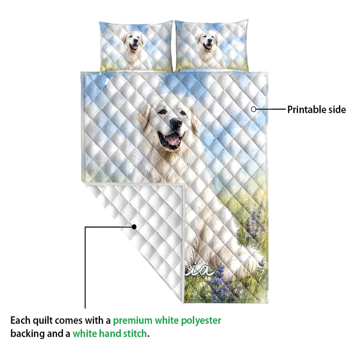 Great Pyrenees quilt blanket shown with printable dog artwork and a white quilted backing