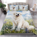 Great Pyrenees quilt bedding styled in a bright bedroom with meadow flowers and blue watercolor accents
