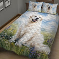 Great Pyrenees quilt blanket displayed across a bed with a large white dog and colorful wildflowers