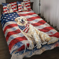 Great Pyrenees quilt blanket displayed on a bed with patriotic American flag artwork and matching dog portrait pillows
