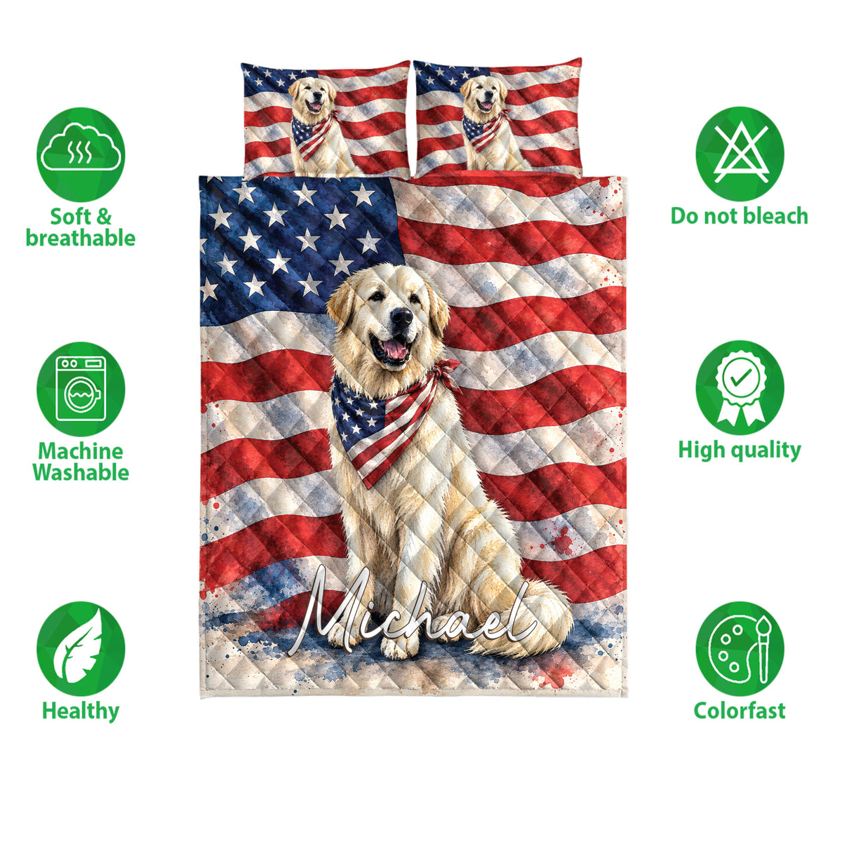 Great Pyrenees quilt bedding set with American flag artwork shown alongside soft breathable and colorfast feature icons