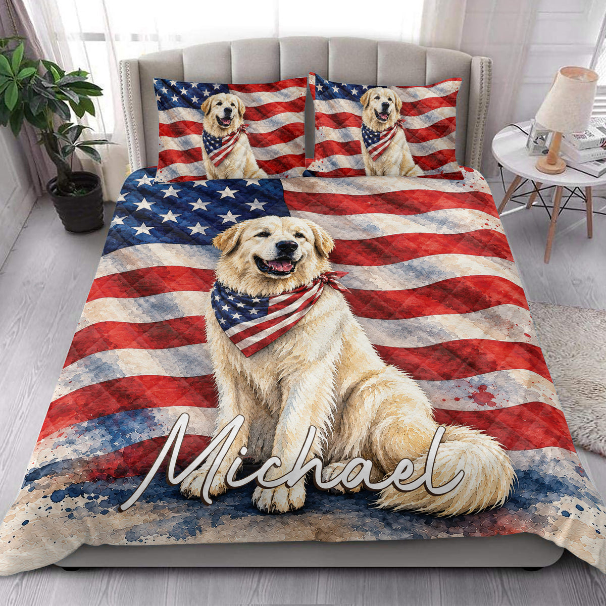 Patriotic Great Pyrenees quilt blanket styled in a bright bedroom with American flag artwork