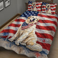 Great Pyrenees quilt blanket spread across a bed with a large dog portrait and red, white, and blue flag design