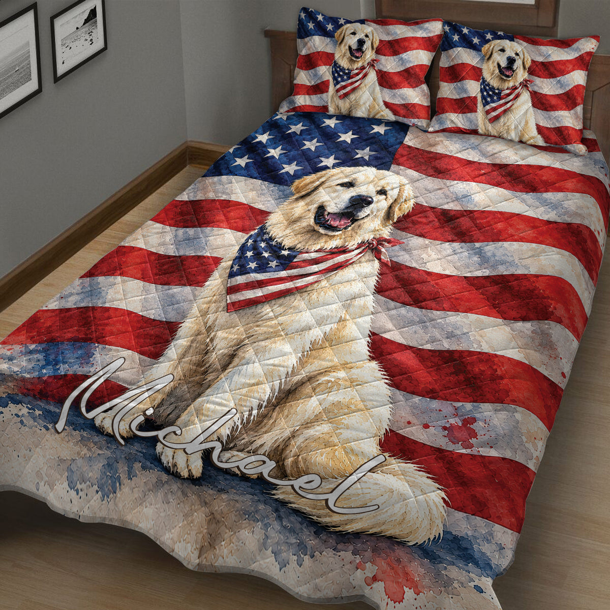 Great Pyrenees quilt blanket spread across a bed with a large dog portrait and red, white, and blue flag design