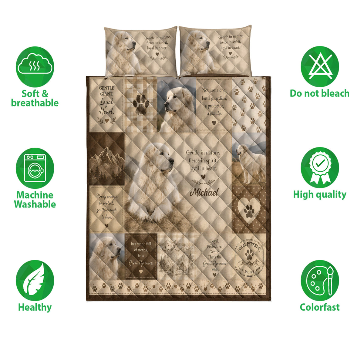 Great Pyrenees quilt blanket shown front-facing with dog portraits, paw print accents, and illustrated mountain panels