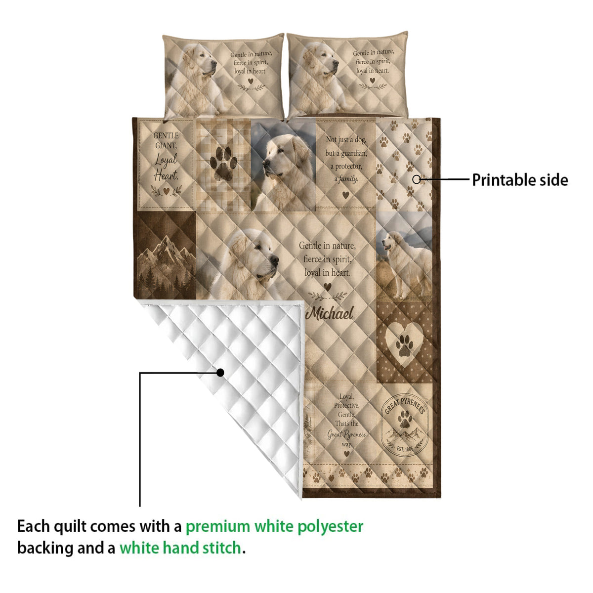 Great Pyrenees quilt showing the printed front artwork and white diamond-stitched backing