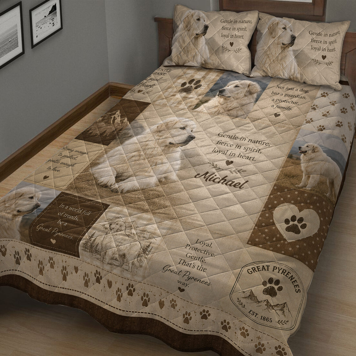 Angled bedroom view of Great Pyrenees quilt bedding with guardian dog artwork, mountain illustrations, and paw prints