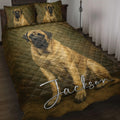 English Mastiff quilt blanket displayed on a bed with matching mastiff artwork and earthy olive-brown tones