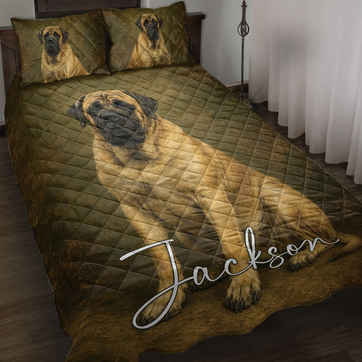 English Mastiff quilt blanket displayed on a bed with matching mastiff artwork and earthy olive-brown tones