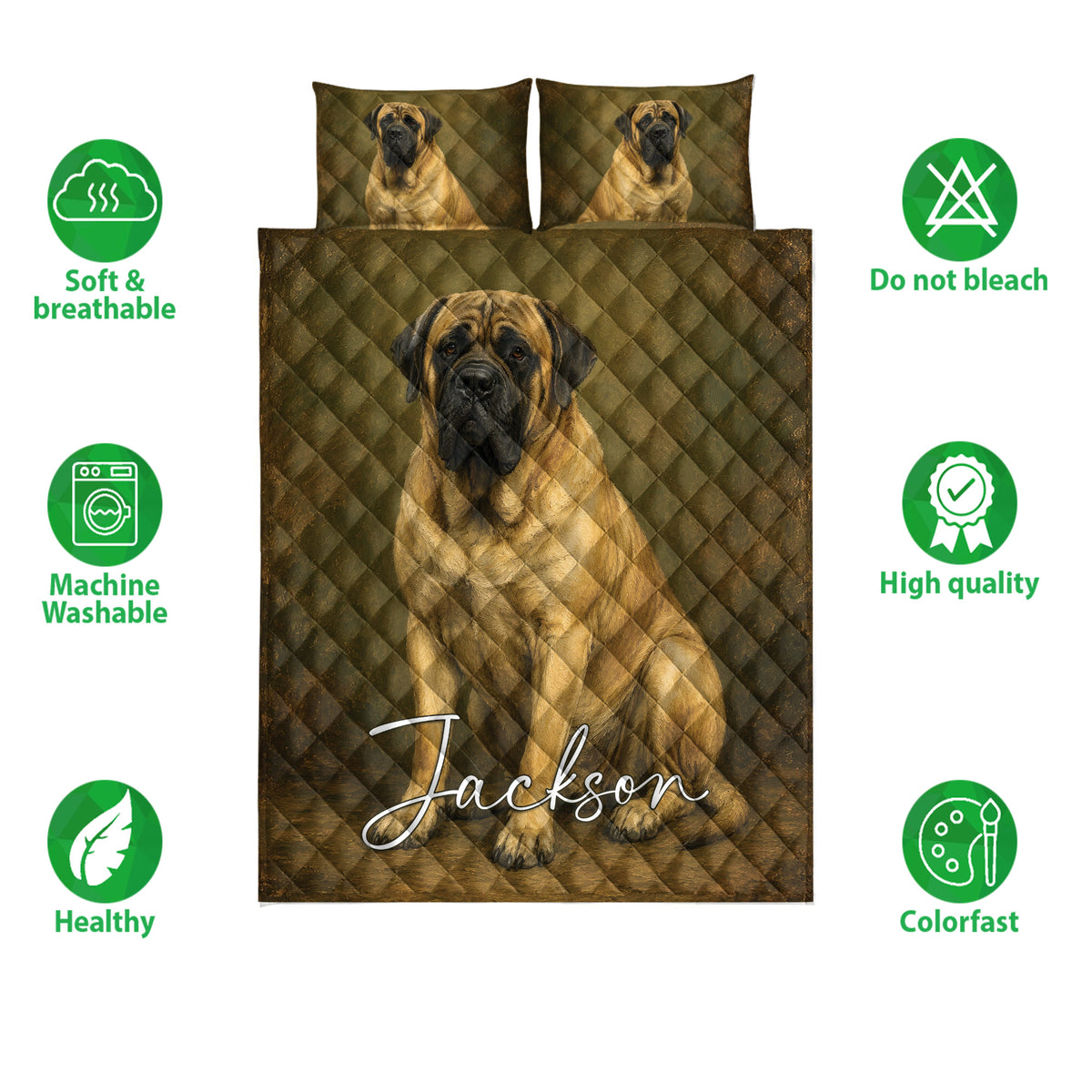 English Mastiff bedding set shown front-facing with coordinated dog artwork and a quilted diamond background