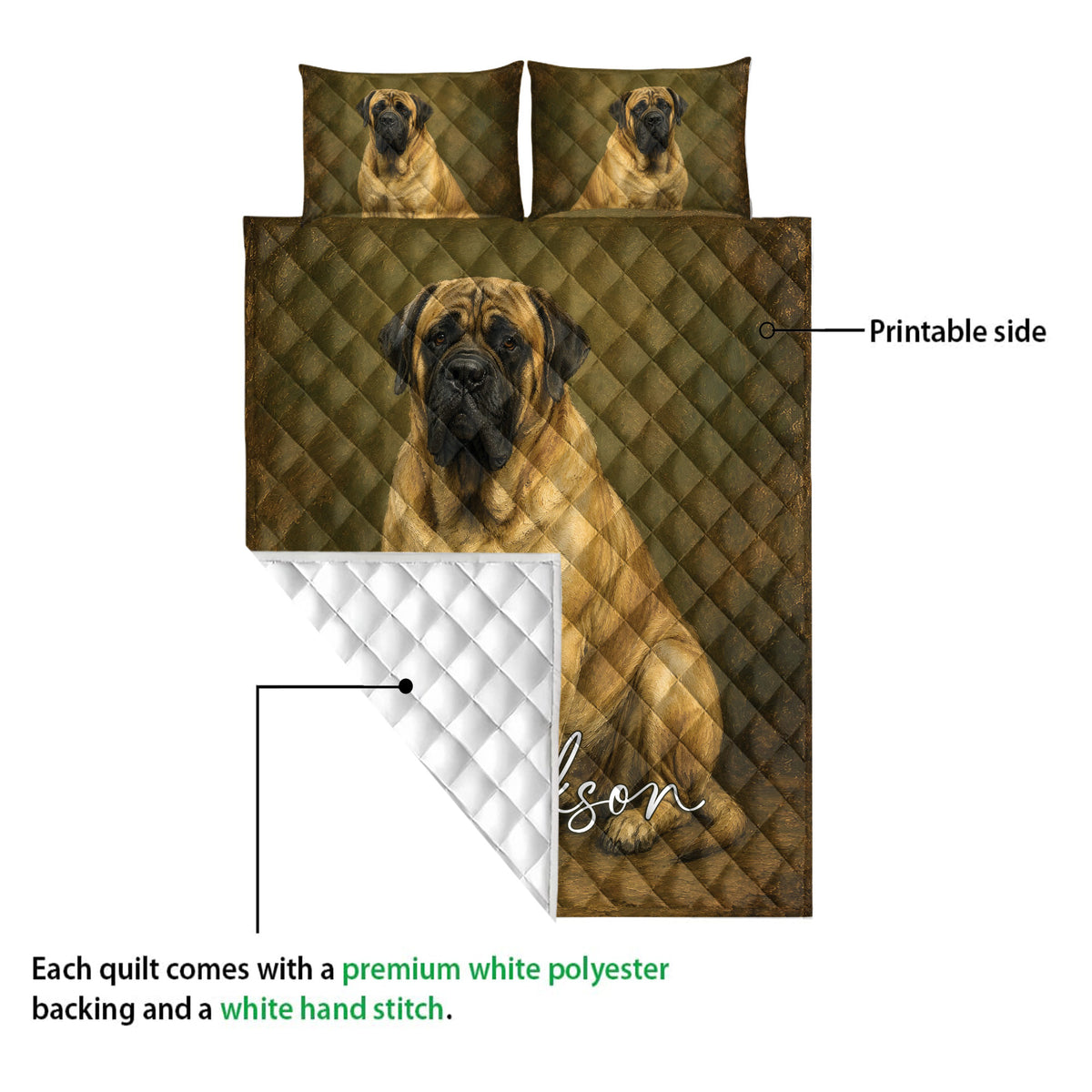 English Mastiff quilt blanket detail showing the printed front, white backing, and quilted construction