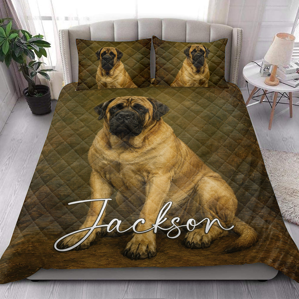 English Mastiff quilt bedding styled in a bright bedroom with coordinated mastiff pillow artwork