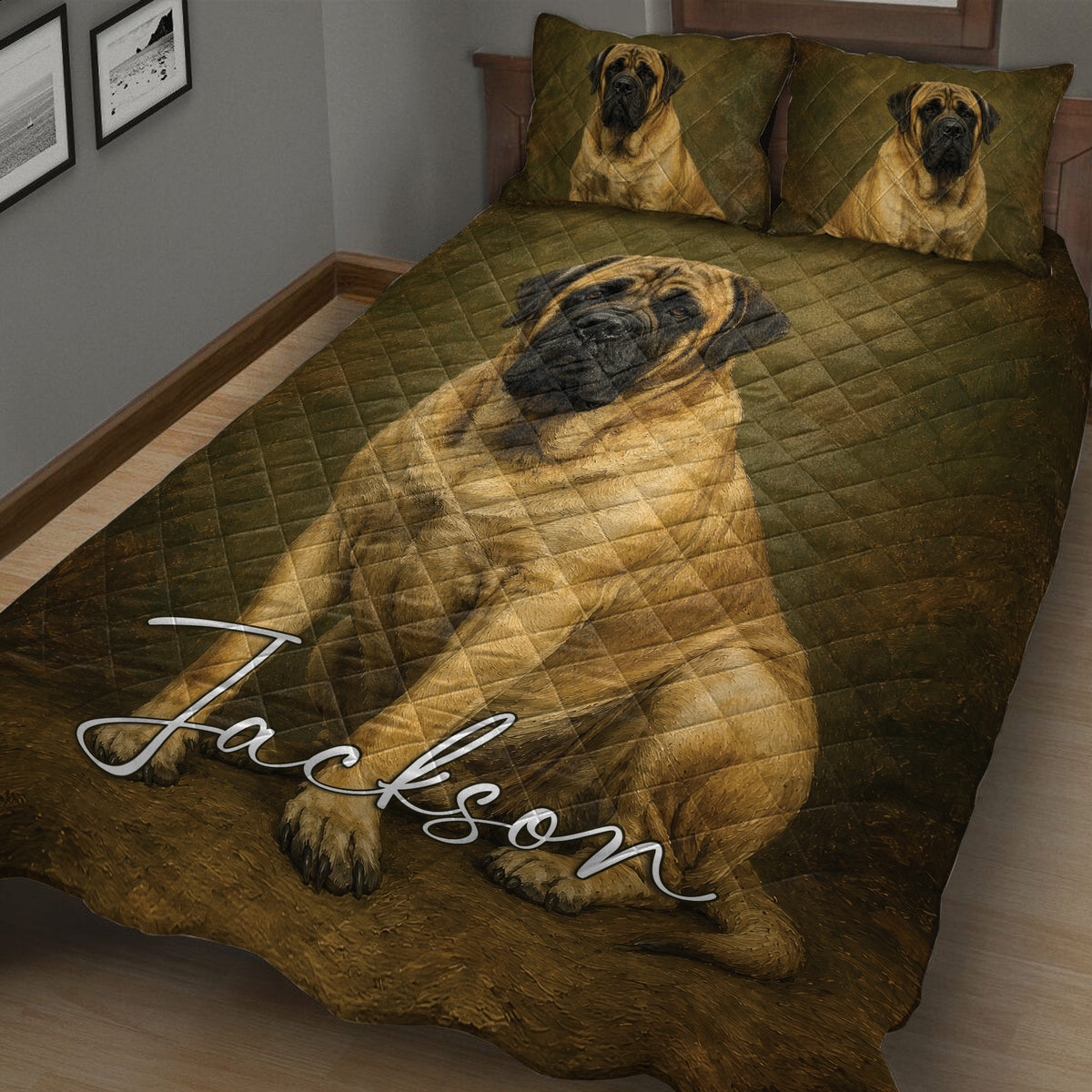 English Mastiff quilt blanket shown in a bedroom with a large reclining mastiff portrait and earthy decor