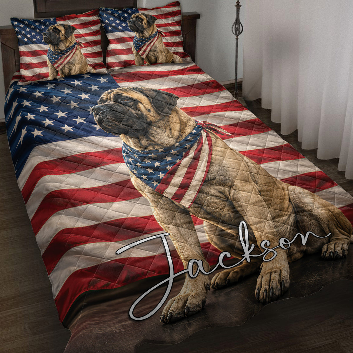 English Mastiff quilt blanket displayed on a bed with patriotic American flag artwork