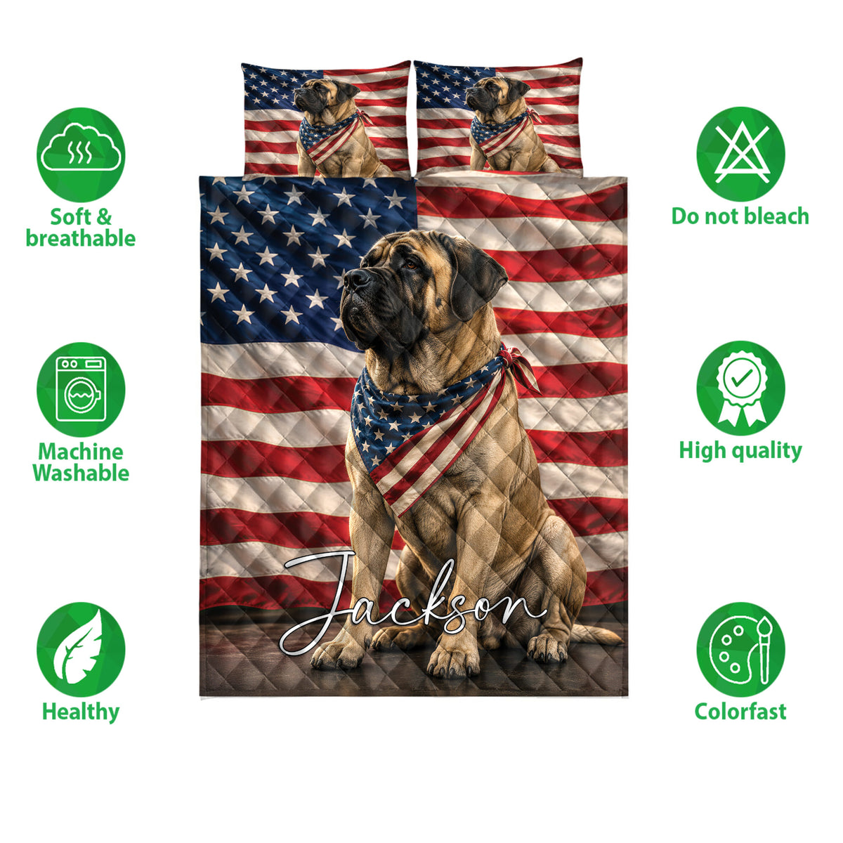 English Mastiff quilt bedding set with American flag design and feature icons