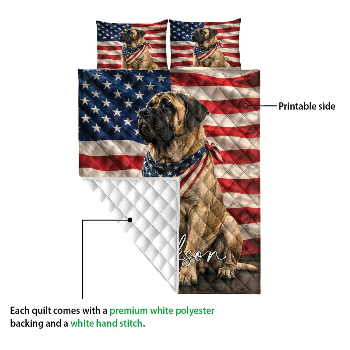 English Mastiff quilt showing the printed side and white quilted backing detail