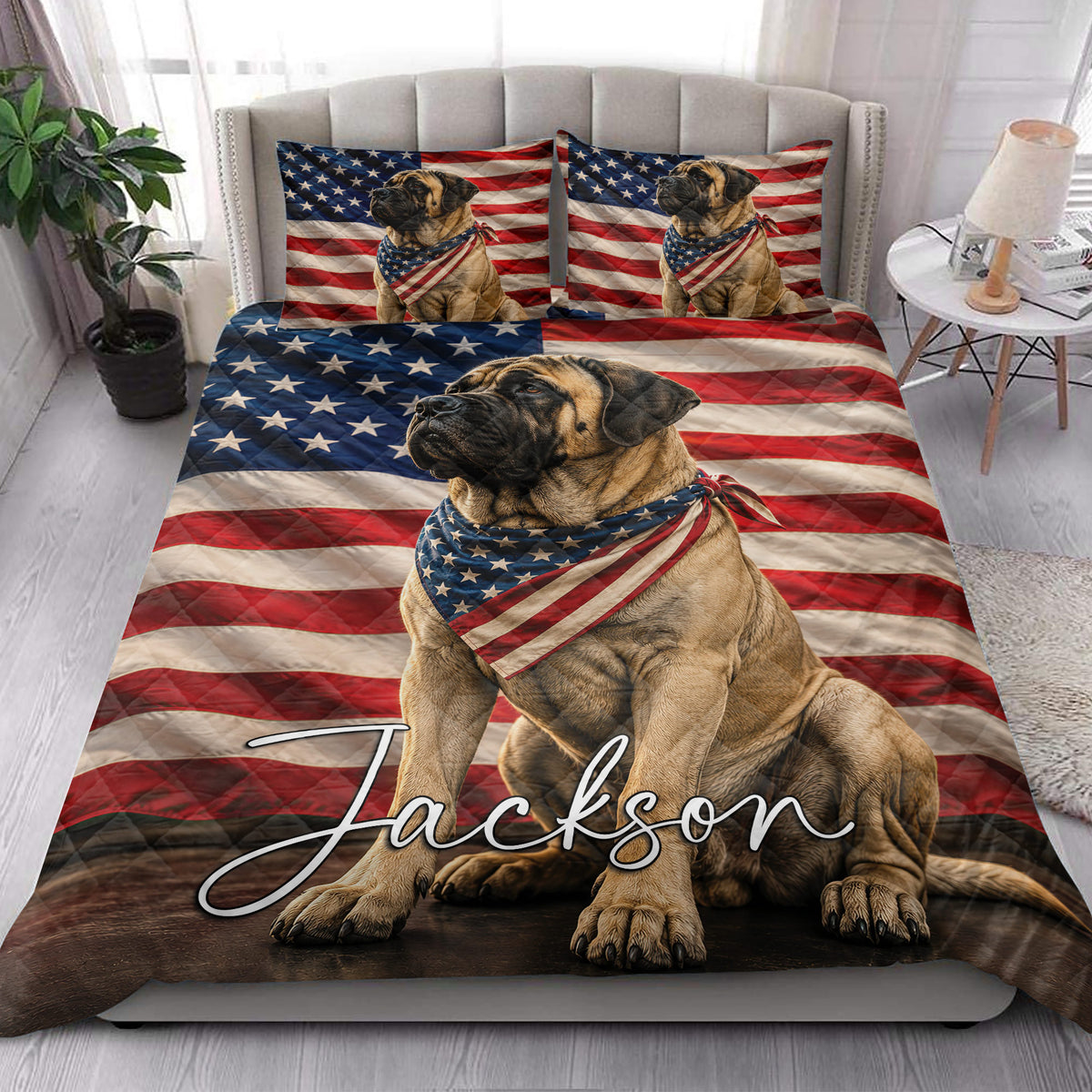 Patriotic English Mastiff quilt blanket styled in a bright bedroom setting