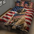 English Mastiff quilt bedding with American flag stripes and stars in a bedroom