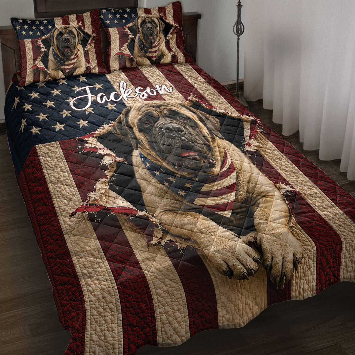 English Mastiff quilt blanket displayed on a bed with patriotic stars and red, white, and blue stripes
