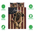 English Mastiff quilt bedding set with patriotic artwork and feature icons on a white background