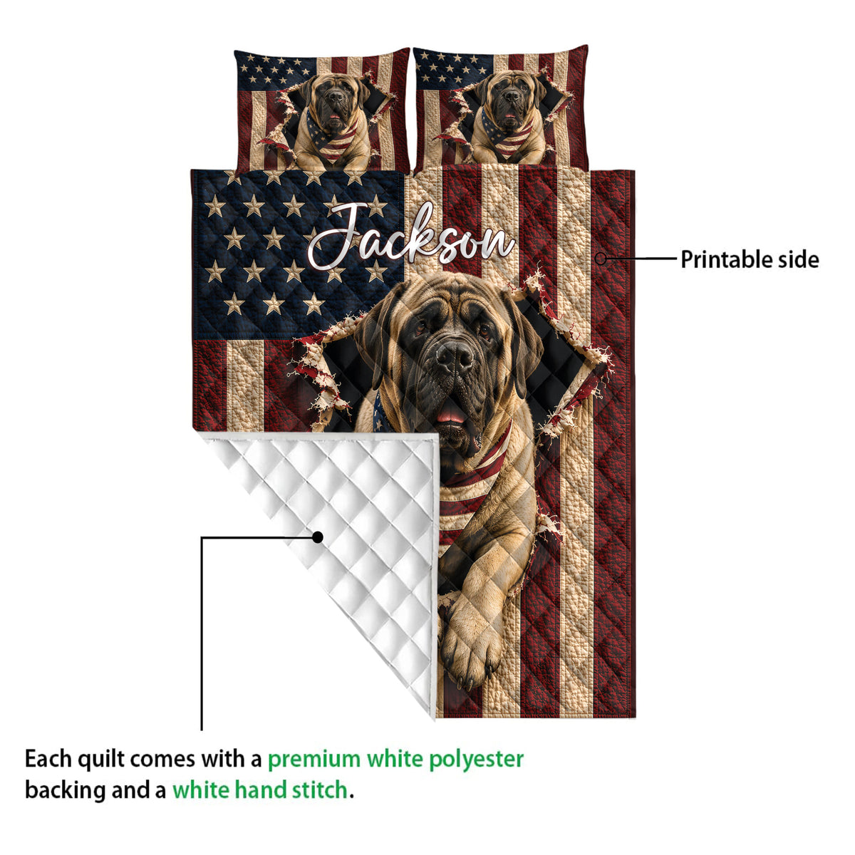 English Mastiff quilt showing the printed front and white quilted polyester backing