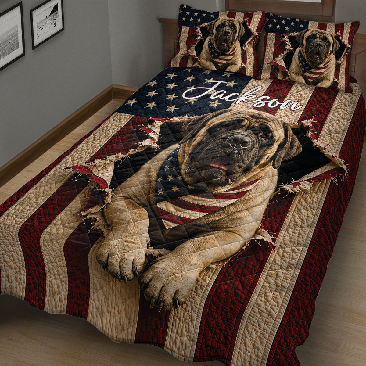 Close bedroom view of an English Mastiff quilt with American flag colors, stars, and bold dog artwork