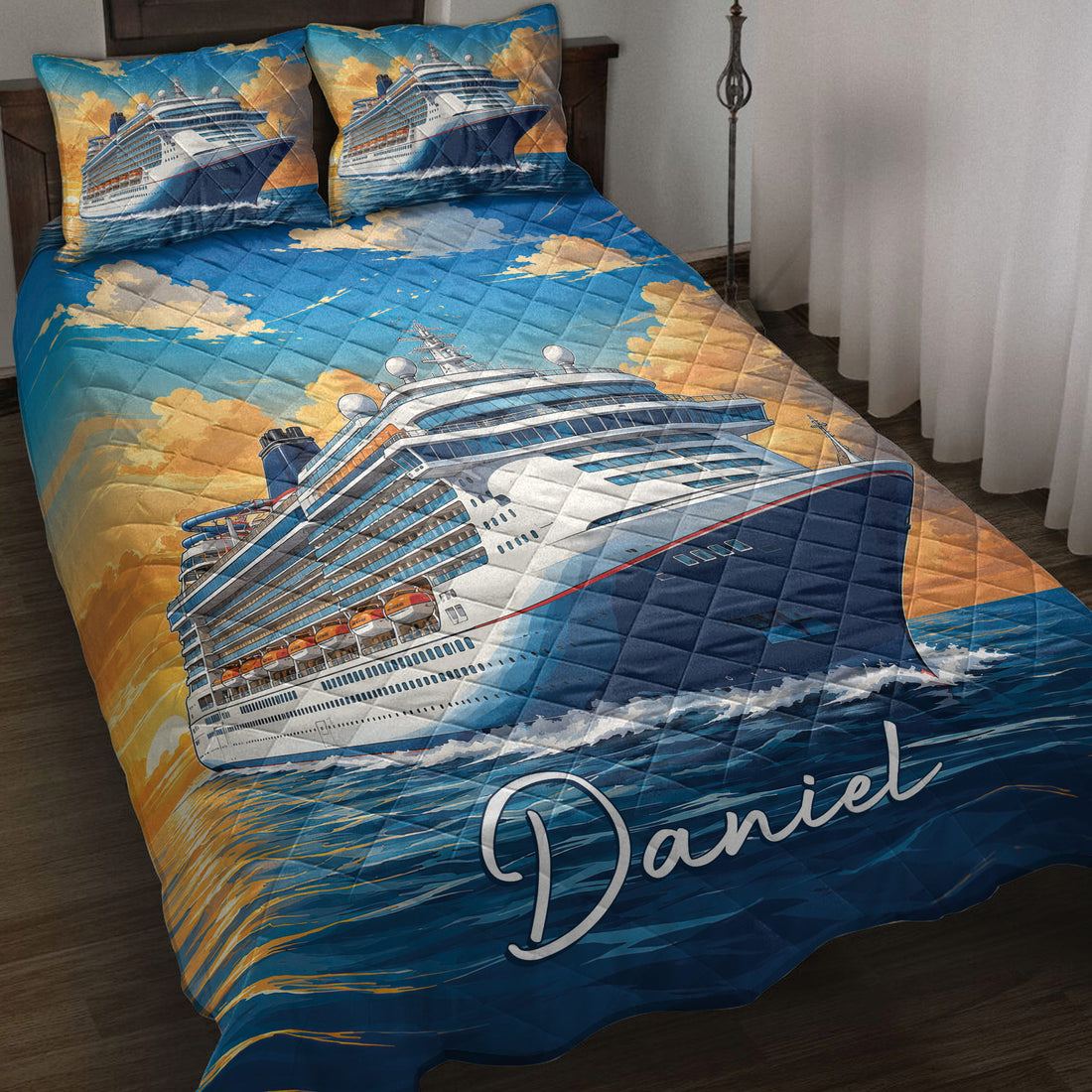 Cruise ship quilt blanket spread across a bed with blue ocean waves and dramatic golden clouds