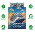 Cruise ship quilt bedding set displayed with matching ship artwork and product feature icons