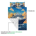 Cruise ship quilt detail showing the printed ocean artwork and white quilted reverse side