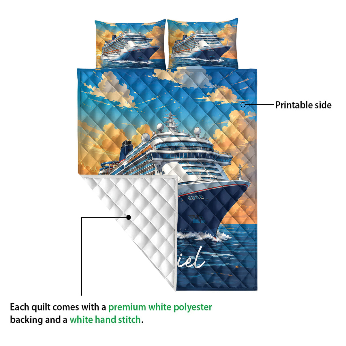 Cruise ship quilt detail showing the printed ocean artwork and white quilted reverse side