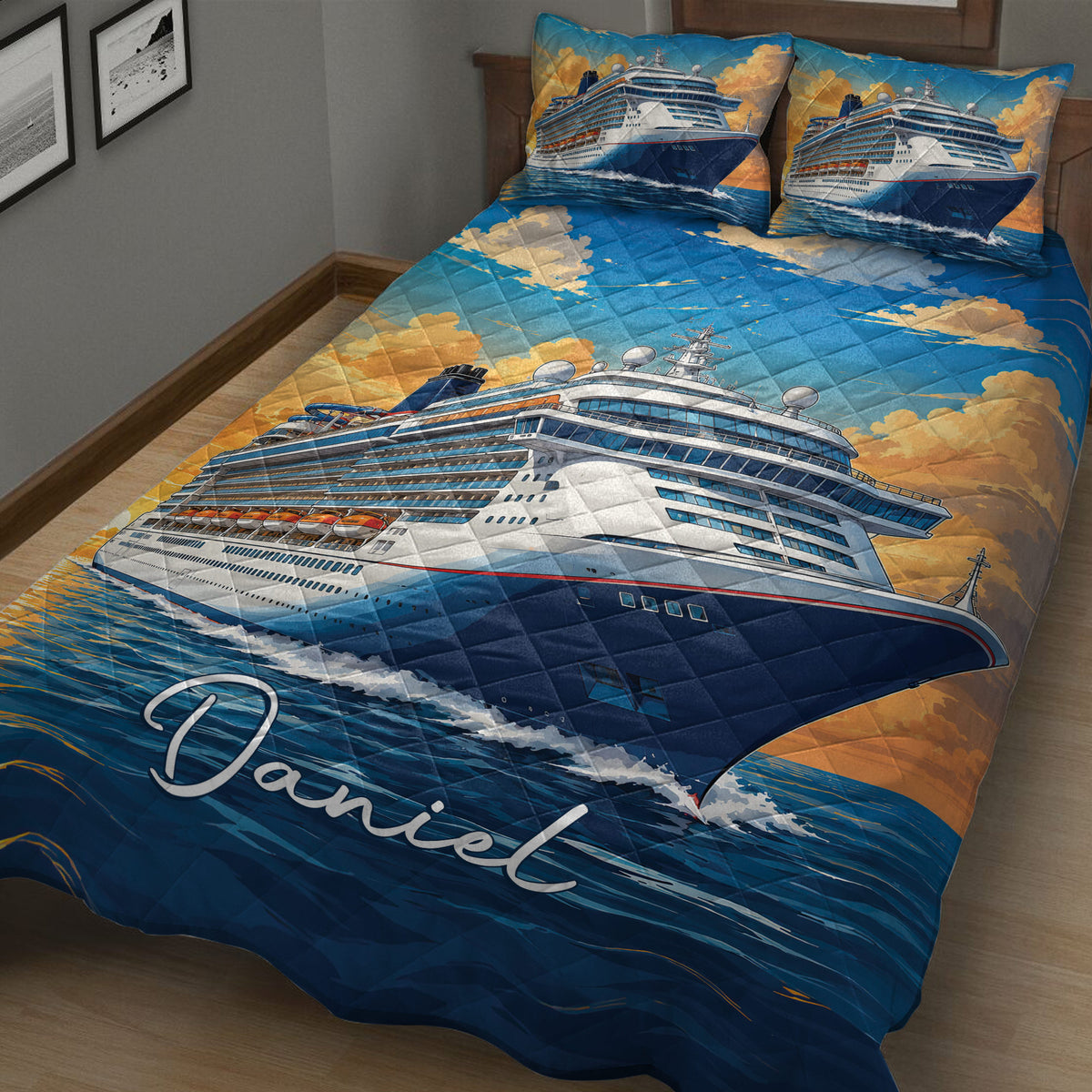 Close view of a cruise ship quilt blanket with ocean waves, ship artwork, and blue nautical colors