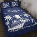 Navy cruise ship quilt blanket displayed on a bed with palm trees, moonlight, waves, and seagulls
