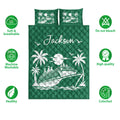 Green cruise ship quilt bedding set shown with tropical palms, ocean waves, and feature icons
