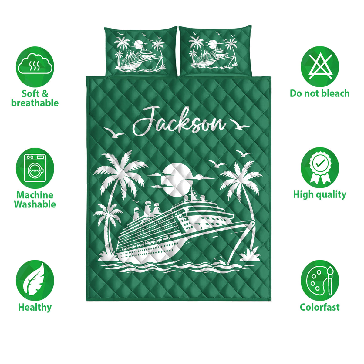 Green cruise ship quilt bedding set shown with tropical palms, ocean waves, and feature icons