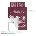 Burgundy cruise ship quilt showing the printed front, quilted texture, and white backing detail