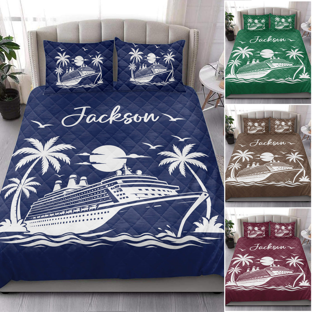 Cruise ship quilt blanket styled on a bed with tropical artwork shown in several colorways