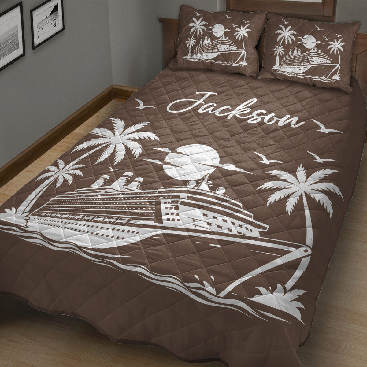 Brown cruise ship quilt blanket displayed in a bedroom with palms, moon, seagulls, and ocean waves