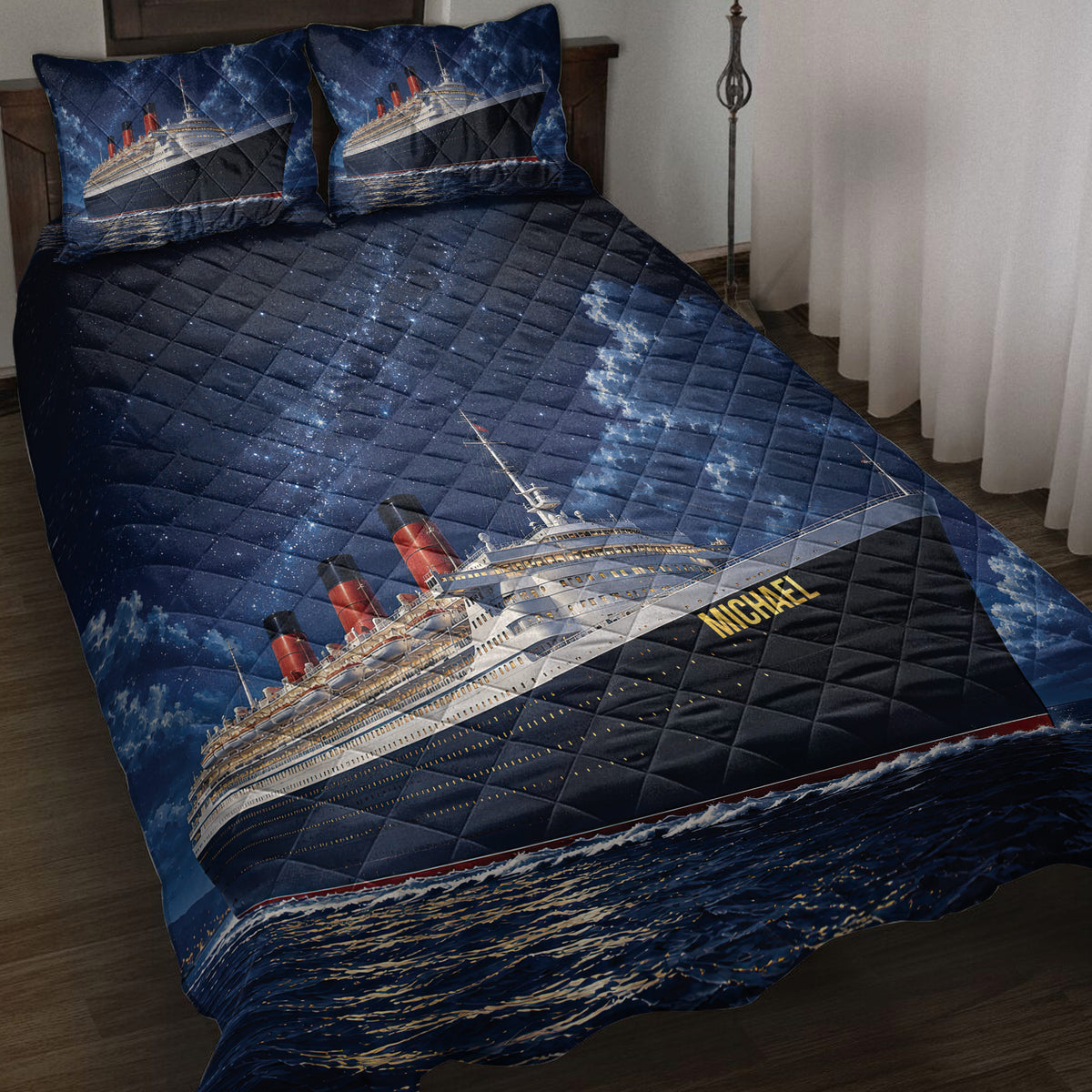 Cruise ship quilt bedding set displayed on a bed with dark ocean and starry sky artwork