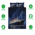 Cruise ship quilt blanket shown with matching ship artwork and product feature icons